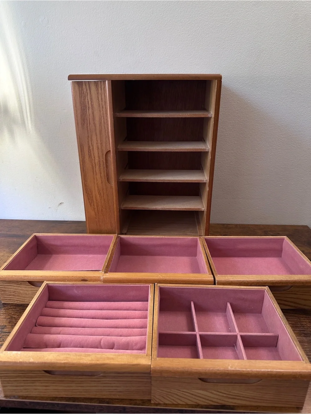 Vintage MCM Style Solid Oak Wood Jewelry Box Chest 5 Drawers Side Door Cabinet